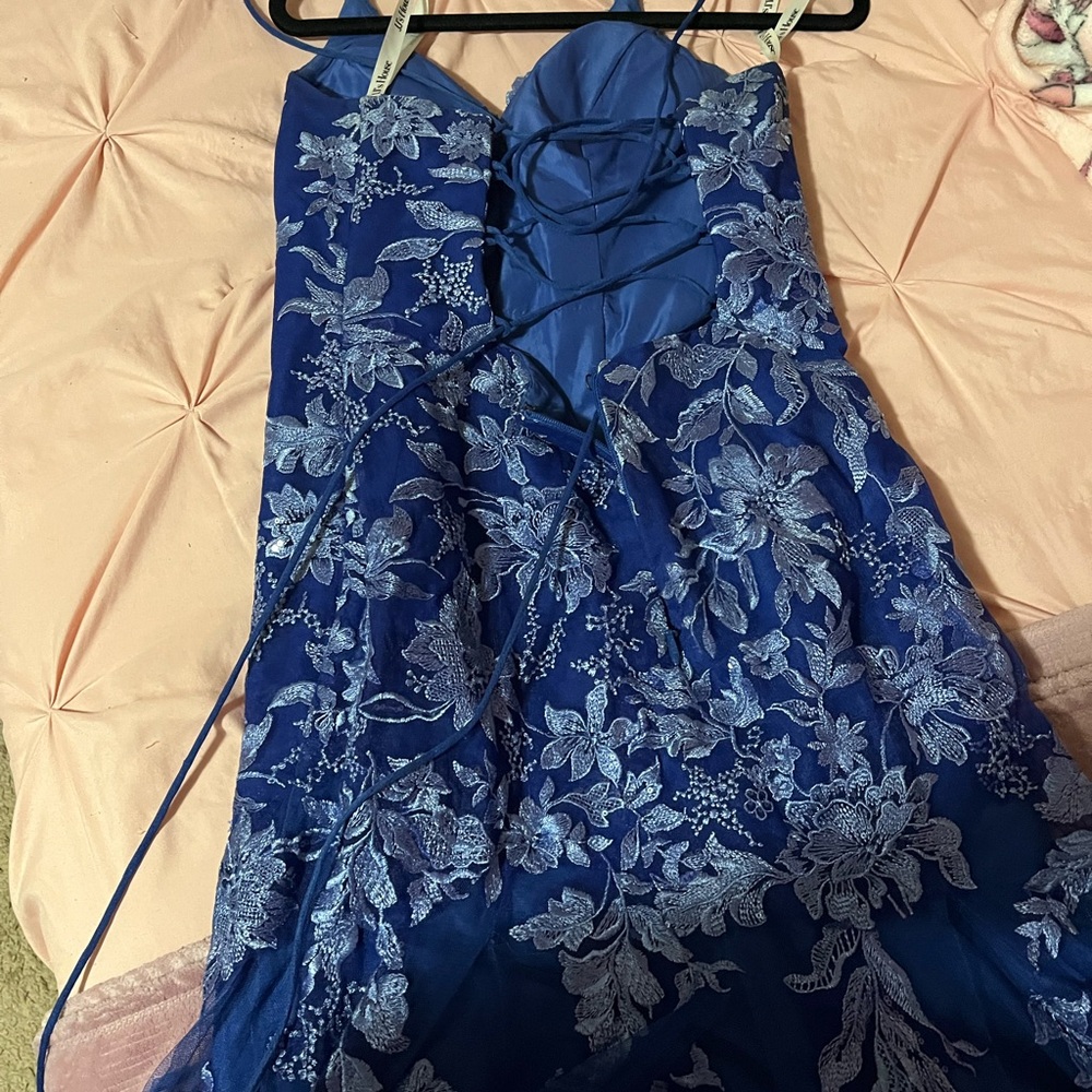 JJs House Blue Floral Lace Prom Dress